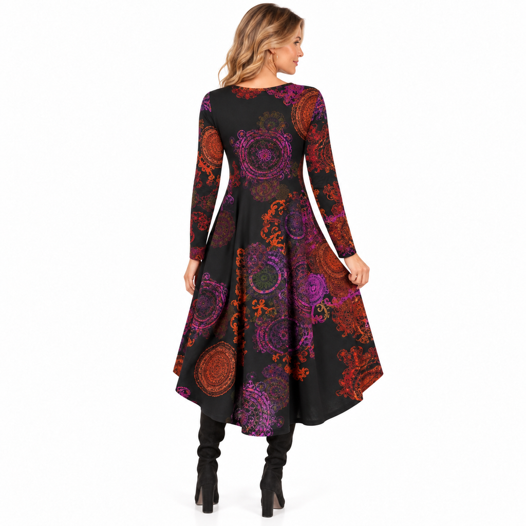 Kjole i Polyesterblanding | Løs Pasform med Boho-Print | V-Hals til Sommerbrug og Ferier | Vanero