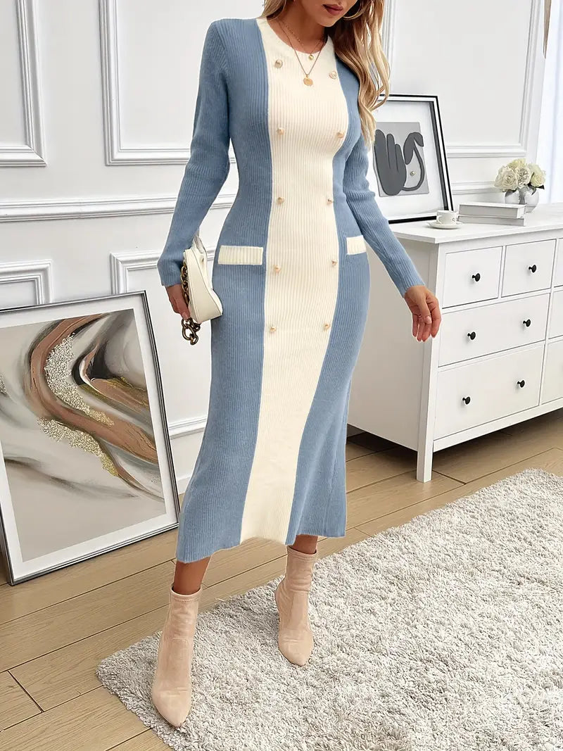 Harperly Strikmateriale | Bodycon Pasform Strikkjole | Dobbelradet Colour Block Design til Hverdagsbrug & Arrangementer | Vanero