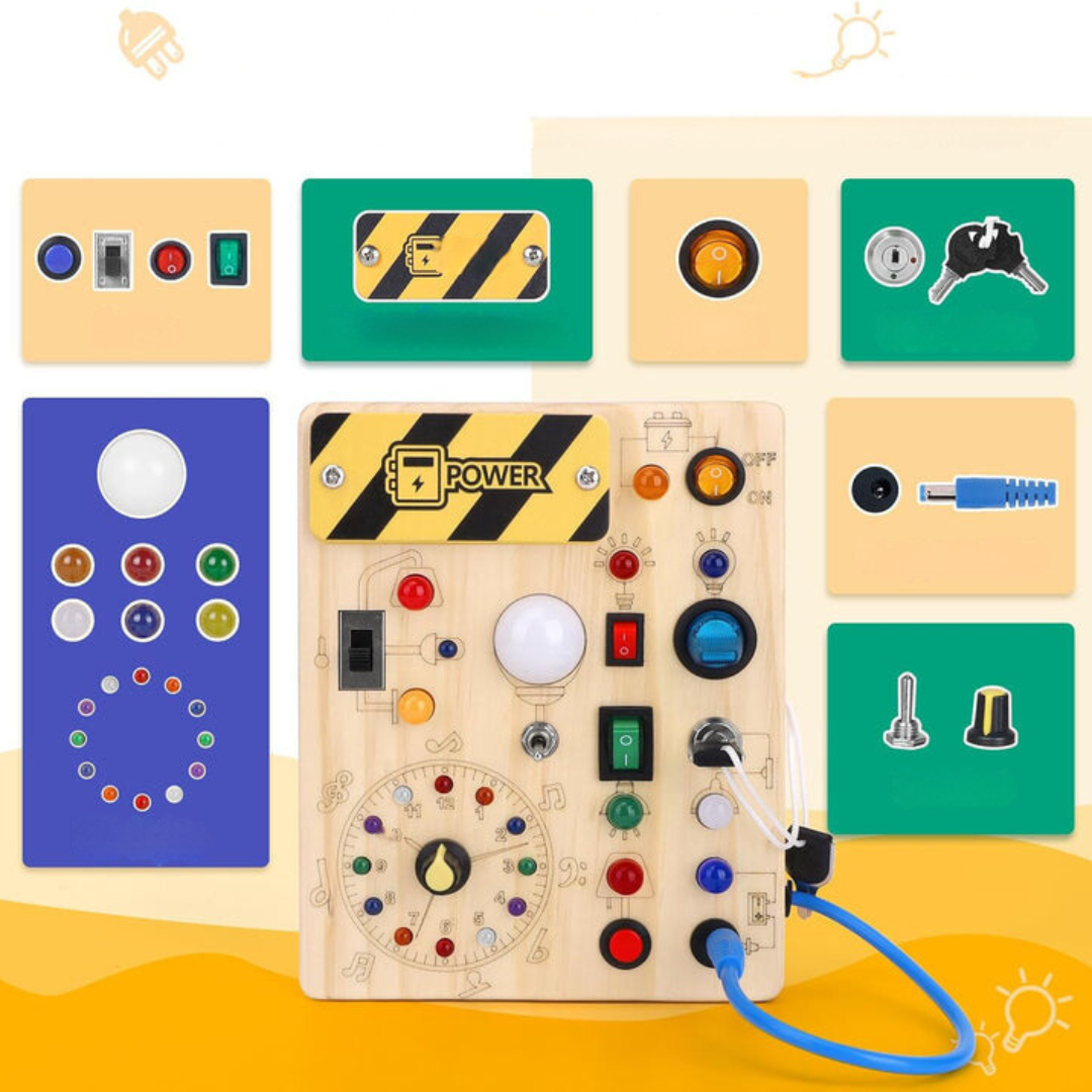 Montessori | Træ Aktivitetsbræt med 8 LED Kontakter - Sanselegetøj & Rejselegetøj (1+ År) | Vanero
