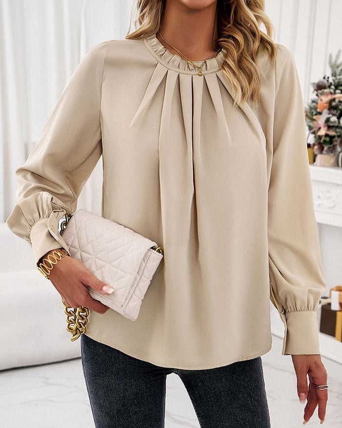 Dame Bluse Tekstilblanding | Almindelig Pasform Bluse | Flæsedetaljer Ved Skuldrene Til Hverdag & Arrangementer | Vanero