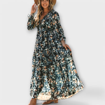 Elle | Blomster V-Hals Maxi Kjole l Vanero