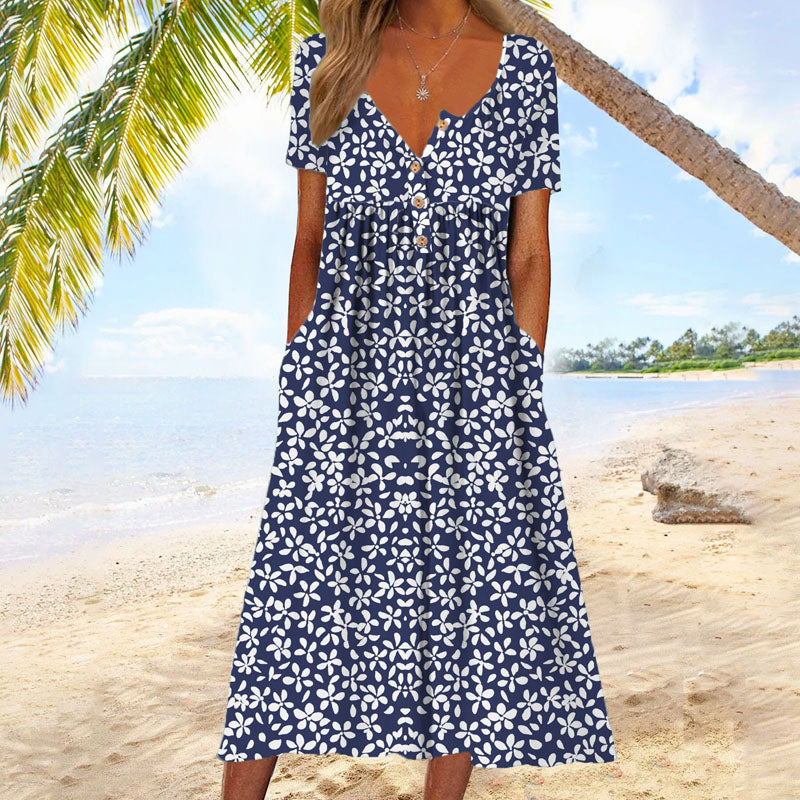Damekjole Polyesterblanding | Relaxed Fit Knælængde Kjole | Blomstret V-Hals Design til Hverdagsbrug & Sommerbrug | Vanero