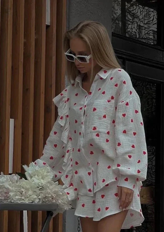 Dame Sæt 100% Bomuld | Relaxed Fit Todelt Sæt | Hjerteprint Overdel & Bukser til Hjemmebrug & Afslappet Stil | Vanero
