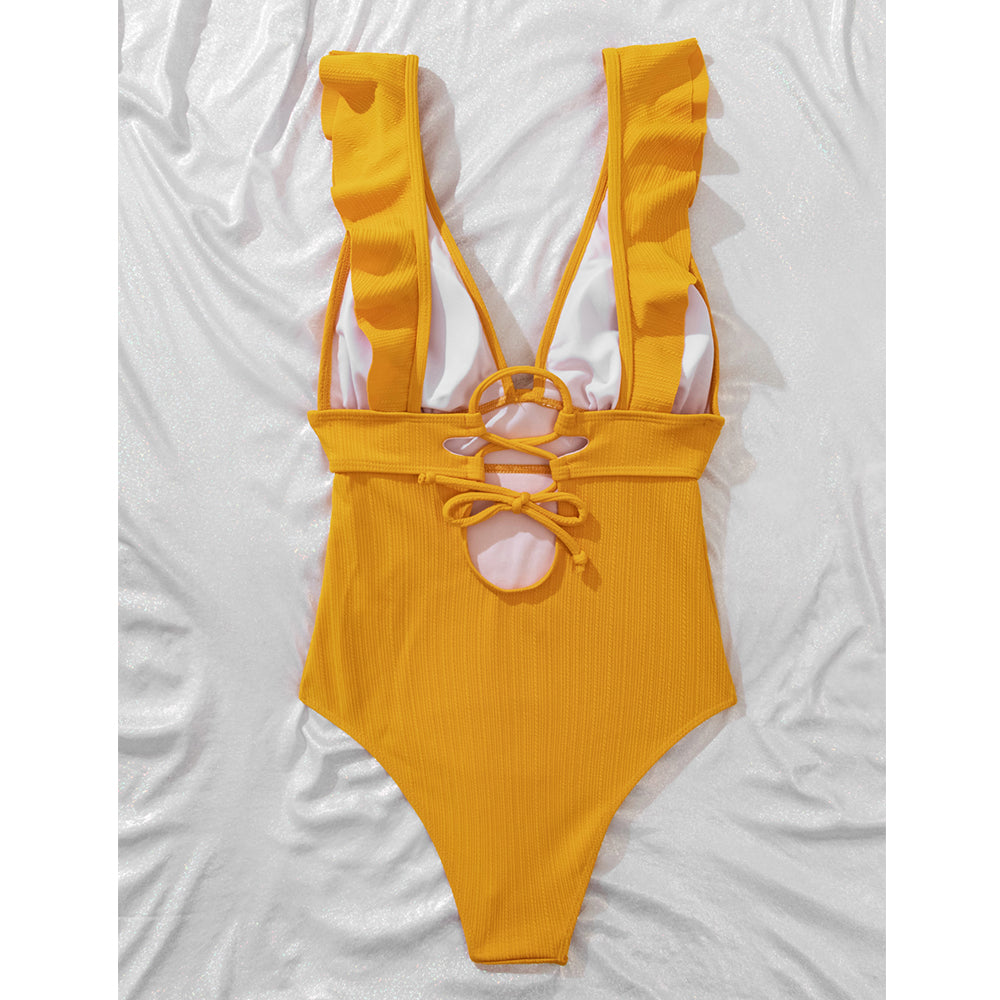 Dame Badedragt | Polyester Badedragt Med Flæsedetaljer Og Bindebånd | Strand Og Pool | Vanero