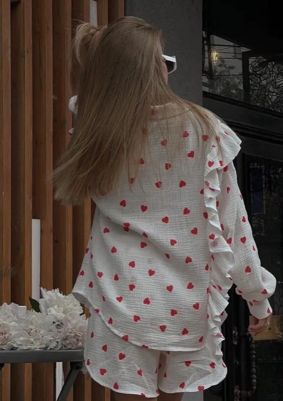 Dame Sæt 100% Bomuld | Relaxed Fit Todelt Sæt | Hjerteprint Overdel & Bukser til Hjemmebrug & Afslappet Stil | Vanero
