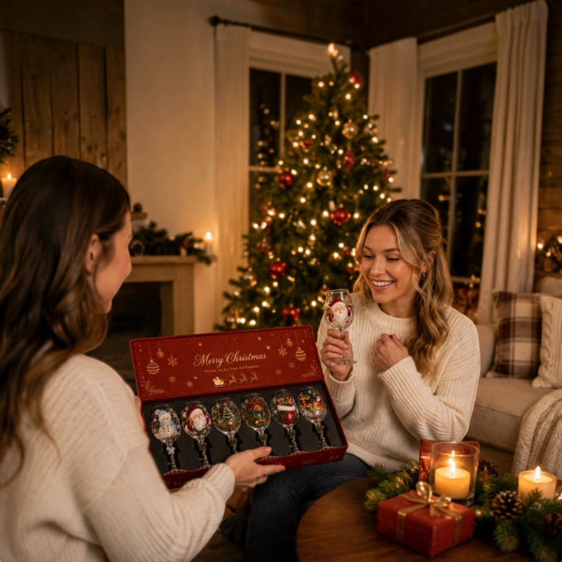 Juleglas-Sæt | Drikkeglas Med Julemand, Rensdyr & Snemandsmotiver | Dekorative Glas Til Julebord & Festlige Samlinger | Vanero