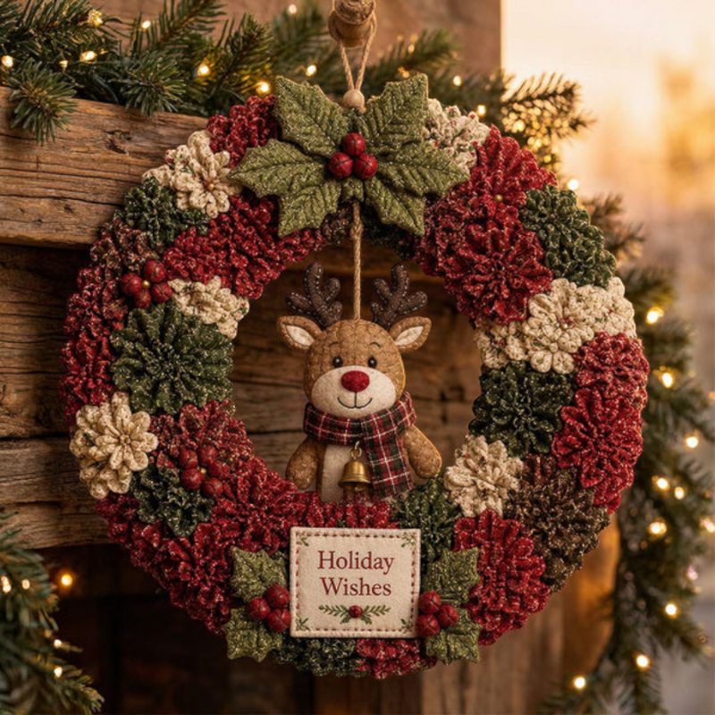 DIY Julekrans Hobbysæt | Stof Med 3D-Julemotiver | Dørdekoration Med Julemand, Juletræ, Rensdyr & Snemand | Vanero