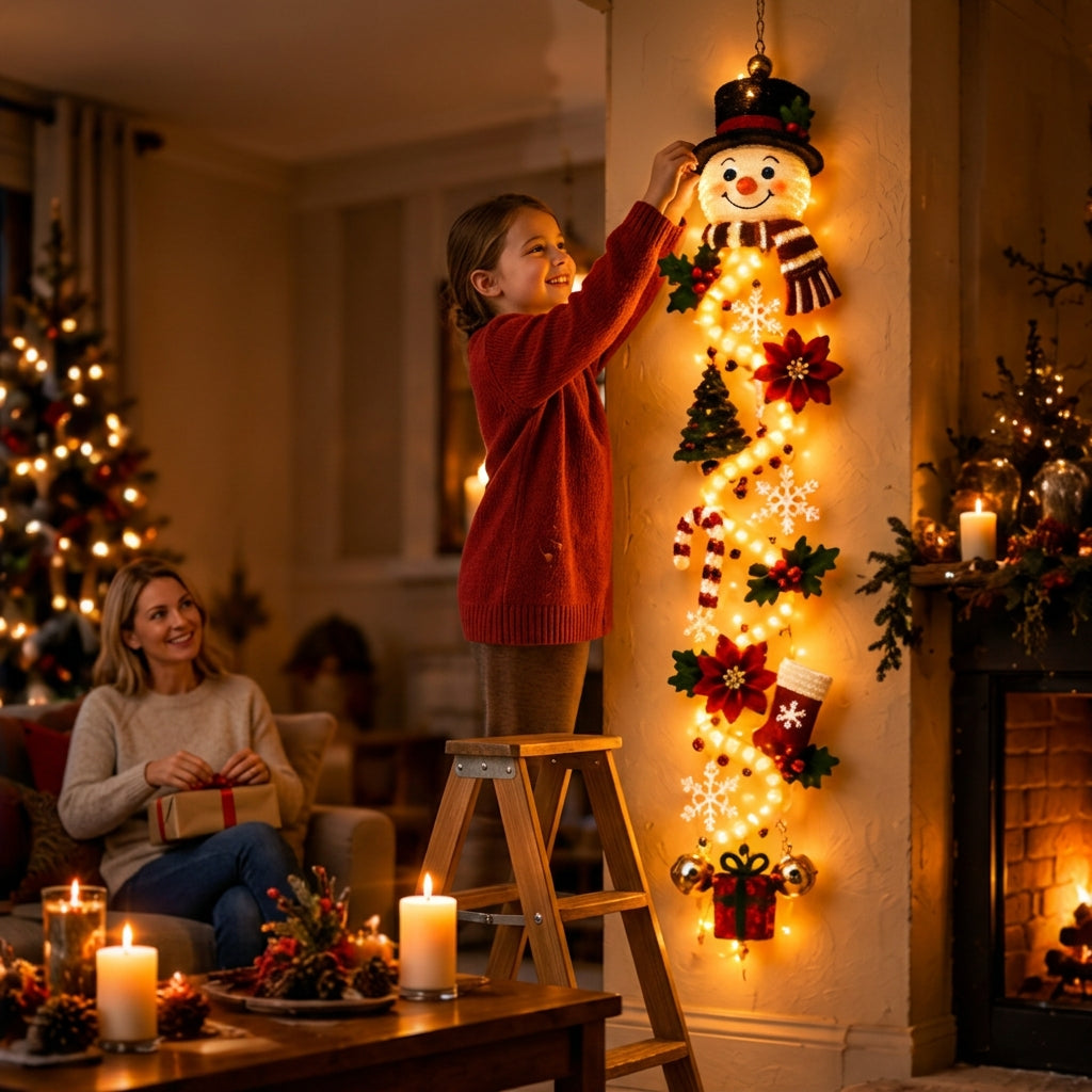 LED-Juleophæng | Stof & Plast Med Integreret LED-Belysning | 50 cm Vertikal Juledekoration Til Indendørs Døre & Vægge | Vanero