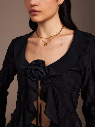 Bluse med Flæser | Sort | Elegant & Unik Stil l Vanero