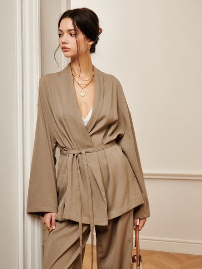 Beige Sæt med Bælte og Vide Bukser | Polyester | Elegant og Komfortabel l Vanero