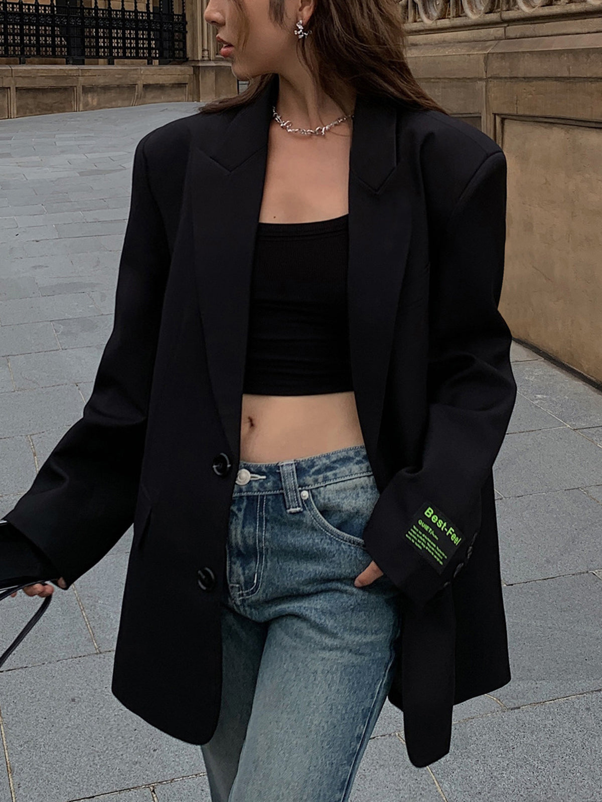 Sophia Polyester Viskose- & Bomuldsblanding | Oversized Pasform Blazer | Reverskrave Med Knaplukning til Arbejde & Daglig Brug | Vanero