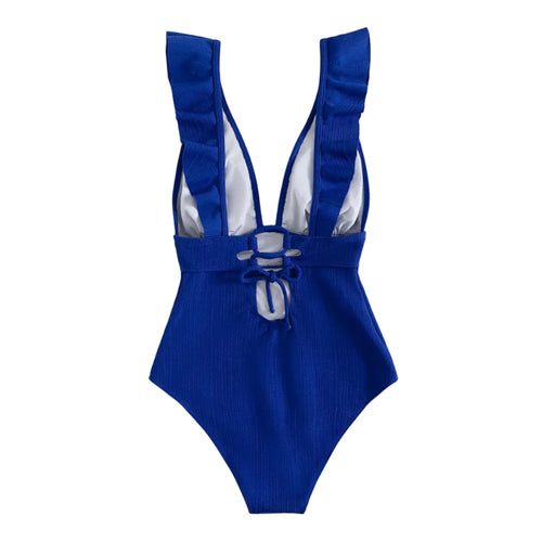 Dame Badedragt | Polyester Badedragt Med Flæsedetaljer Og Bindebånd | Strand Og Pool | Vanero