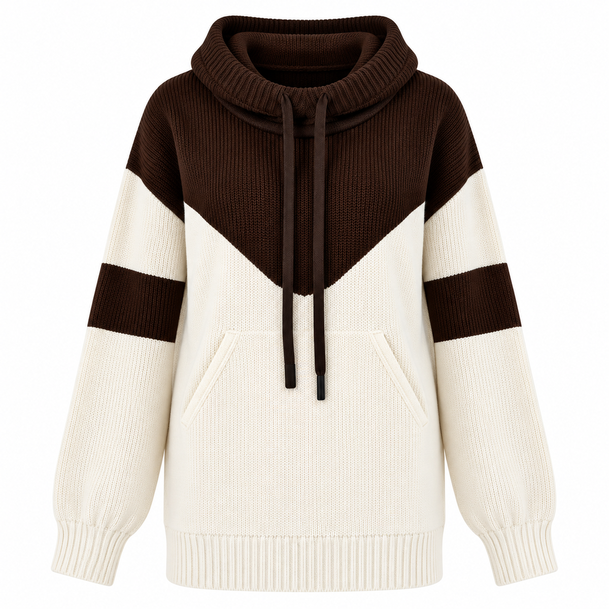 Strik-Hoodie Til Dame | Tofarvet Colorblock-Design & Kontraststriber På Ærmerne | Løs Pasform, Hætte Med Snor & Ribkanter | Vanero