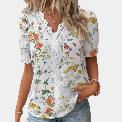 Ariel l Blomstret damebluse med blondekant l Vanero