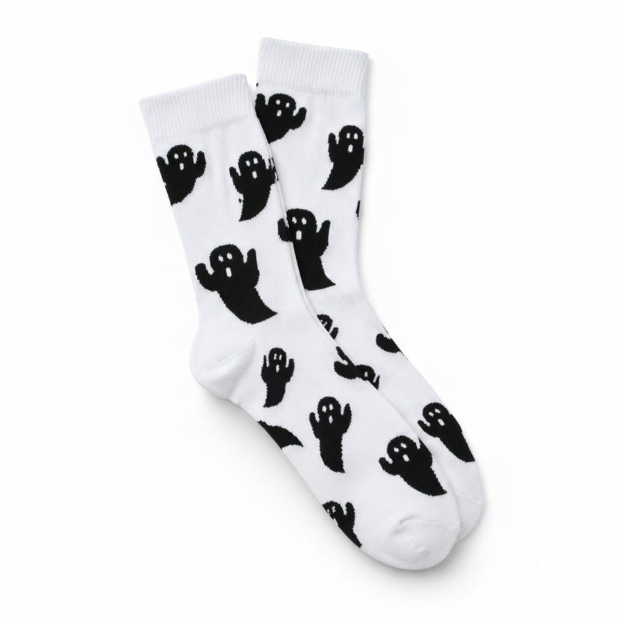 Unisex Halloween Sokker | Mellemhøj Pasform & Spøgelsesprint | Sort-Hvide Mønstrede Sokker Til Hverdag & Kostumefester | Vanero