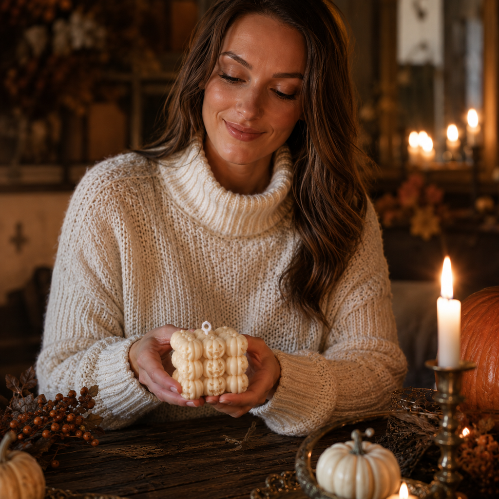 Græskar Kubuslys i Soja | Jack-O'-Lantern Design & Væge | 6,5 cm Dekorationslys Til Halloween & Efterårsdekoration | Vanero