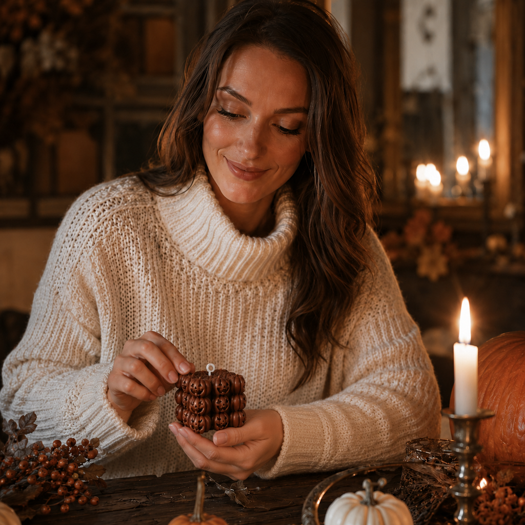 Græskar Kubuslys i Soja | Jack-O'-Lantern Design & Væge | 6,5 cm Dekorationslys Til Halloween & Efterårsdekoration | Vanero