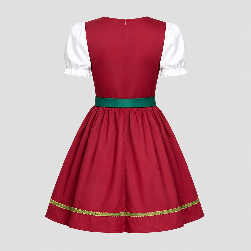 Dame Oktoberfest Kjole i Polyester | Snøredetalje & Forklæde | Korte Puffærmer Til Folkefester & Temafester | Vanero