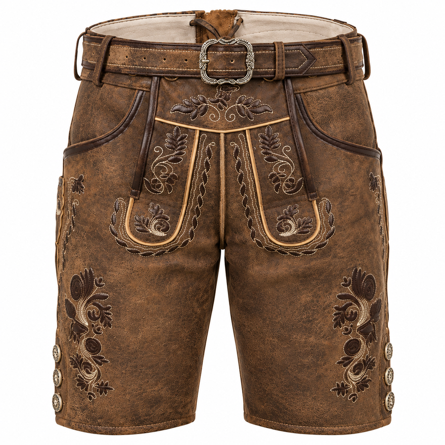 Herre Lederhosen I Ægte Læder | Regular Fit & Dekorativt Broderi | Bayerisk Inspirerede Shorts Til Oktoberfest & Folkefester | Vanero