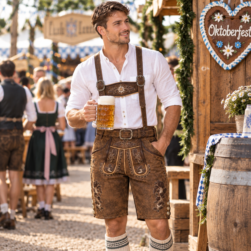 Herre Lederhosen I Ægte Læder | Regular Fit & Dekorativt Broderi | Bayerisk Inspirerede Shorts Til Oktoberfest & Folkefester | Vanero