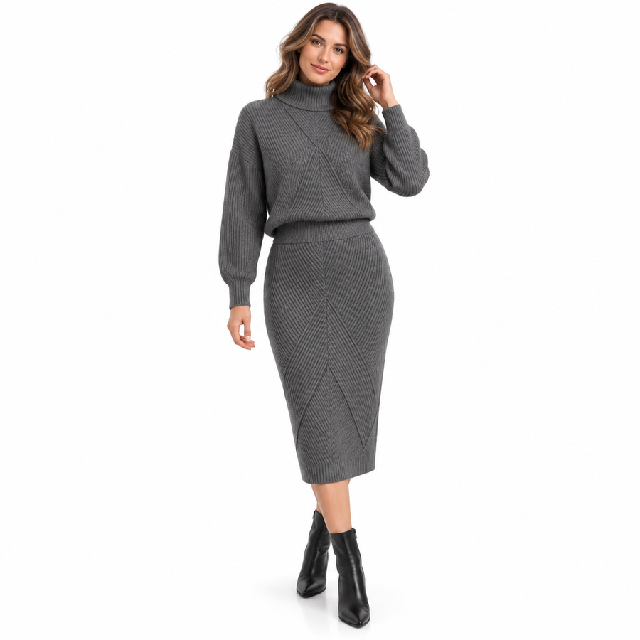 Dame Strikket Todelt Sæt | Bomuldsblanding & Rullekrave Sweater | Matchende Bukser Til Hverdag, Rejser & Fritid | Vanero
