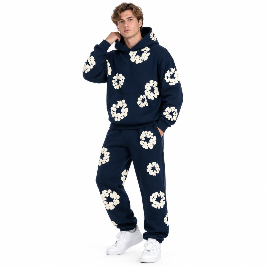 Unisex Træningsdragt Med Blomsterprint | Hoodie & Matchende Bukser | Todelt Casual Sæt Til Hverdag, Rejser & Fritid | Vanero