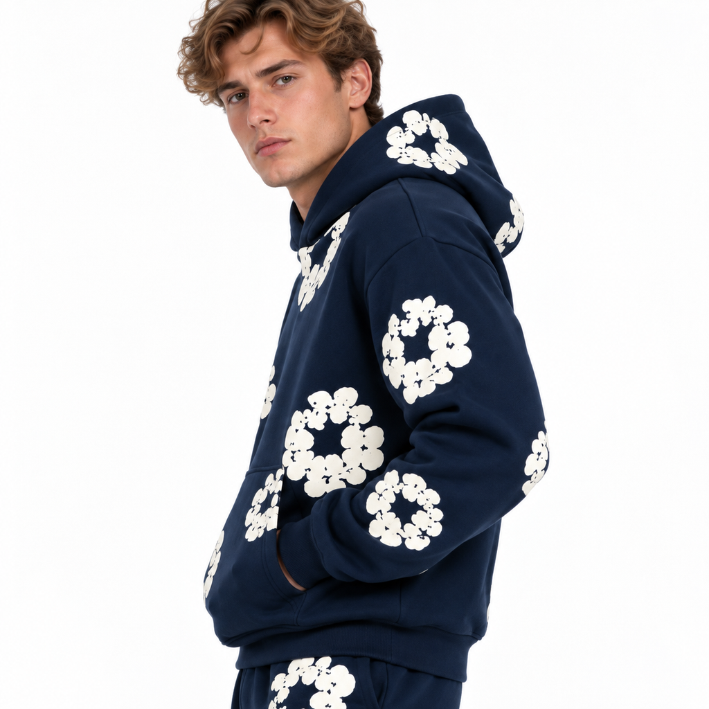 Unisex Træningsdragt Med Blomsterprint | Hoodie & Matchende Bukser | Todelt Casual Sæt Til Hverdag, Rejser & Fritid | Vanero