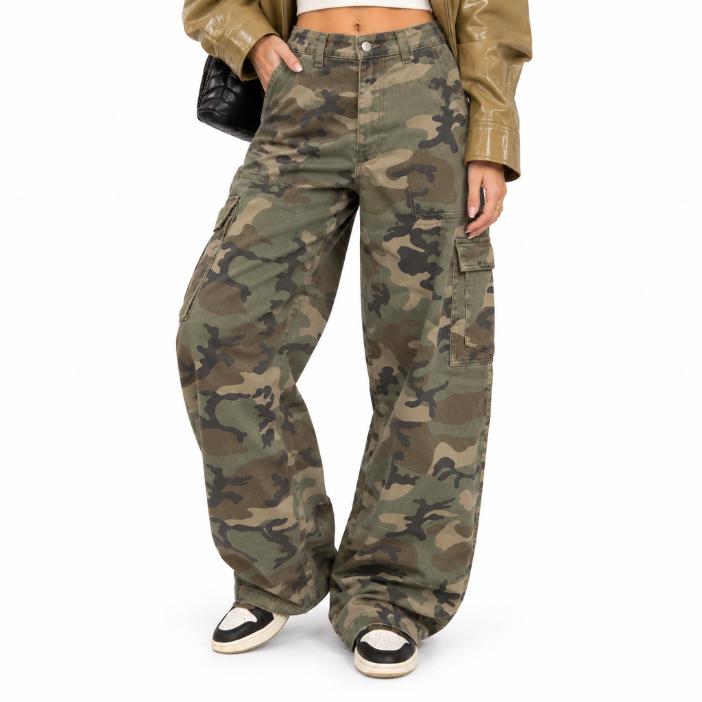 Dame Camouflage Cargo Jeans | Høj Talje & Brede Ben | Denim Bukser Med Stretch I Taljen & Lommer Til Casual Hverdagsbrug | Vanero