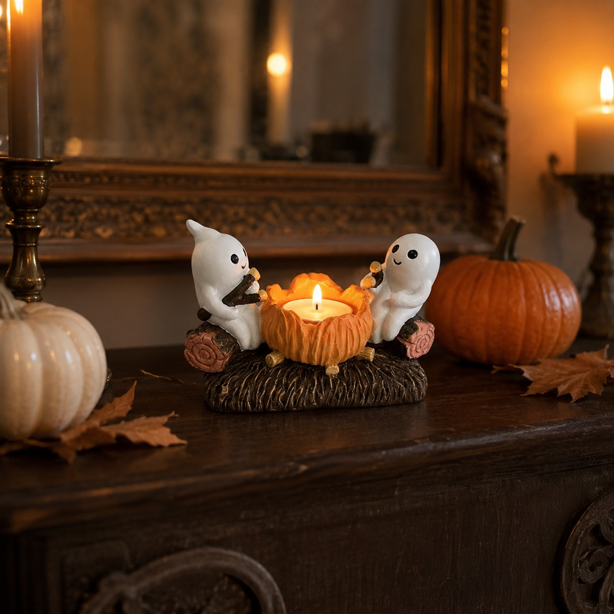 Halloween Spøgelses Lysestage | Harpiksdesign Med To Spøgelser | Fritstående Borddekoration Til Efterårsudsmykning | Vanero