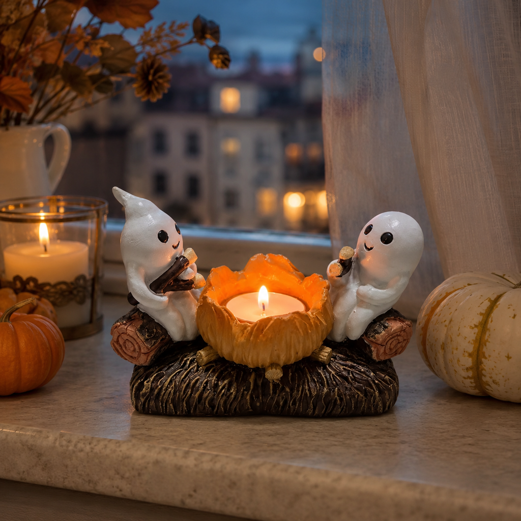 Halloween Spøgelses Lysestage | Harpiksdesign Med To Spøgelser | Fritstående Borddekoration Til Efterårsudsmykning | Vanero