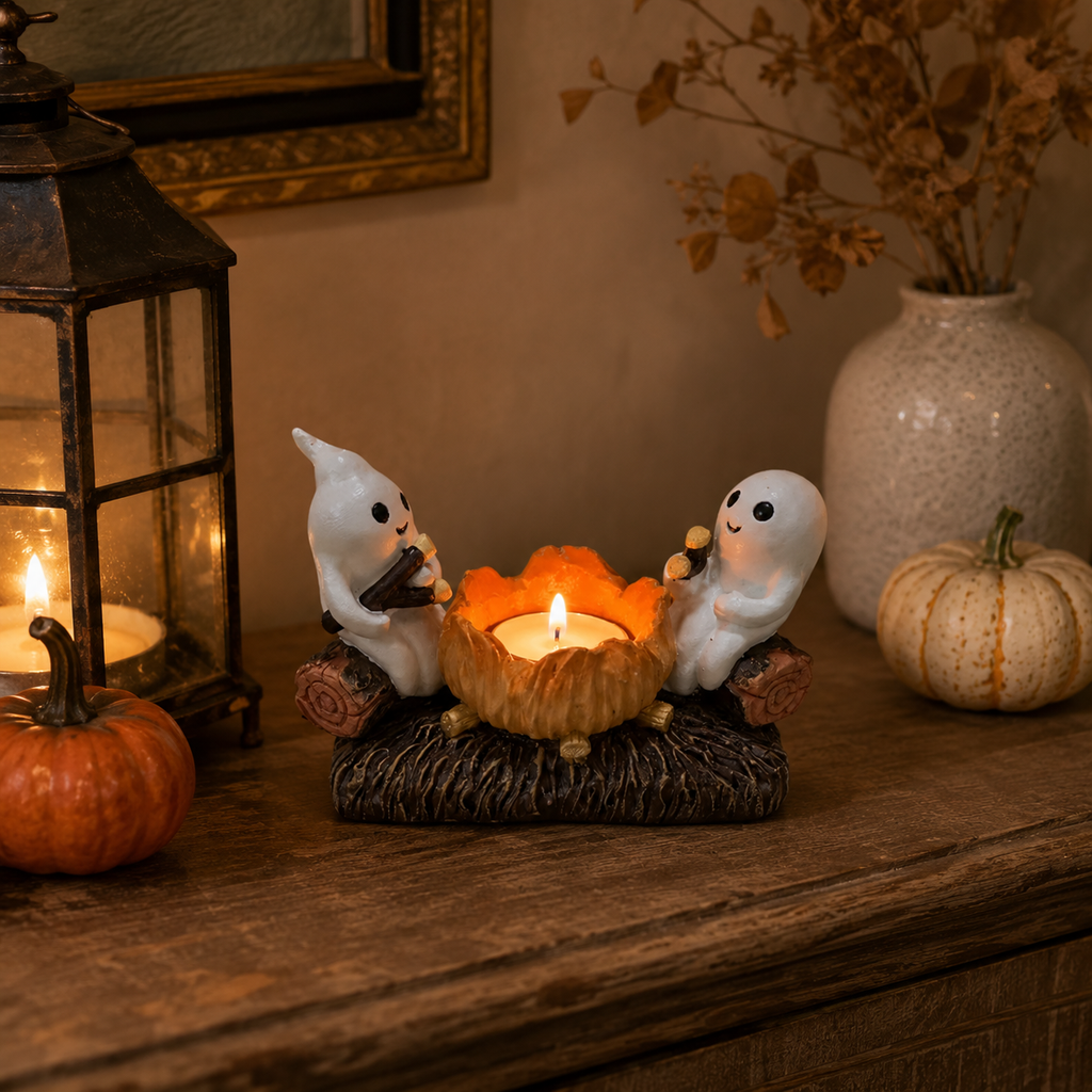 Halloween Spøgelses Lysestage | Harpiksdesign Med To Spøgelser | Fritstående Borddekoration Til Efterårsudsmykning | Vanero
