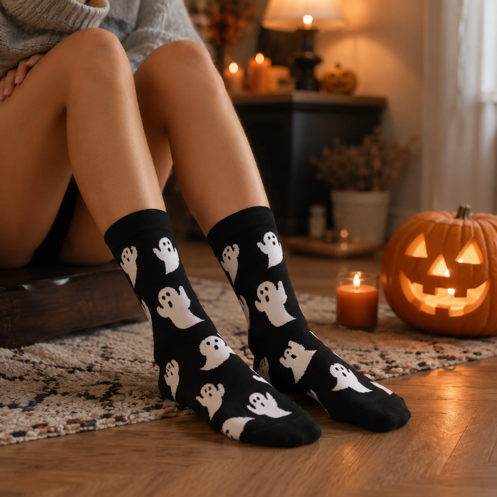 Unisex Halloween Sokker | Mellemhøj Pasform & Spøgelsesprint | Sort-Hvide Mønstrede Sokker Til Hverdag & Kostumefester | Vanero