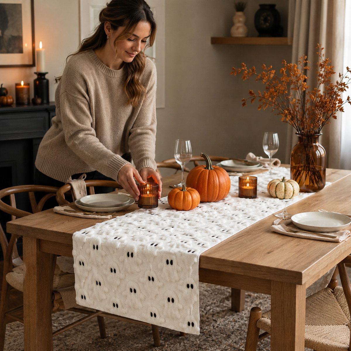 Halloween Bordløber | Hævet 3D Spøgelses- eller Græskarmotiv | Sæsondekoration Til Spiseborde & Buffetborde | Vanero