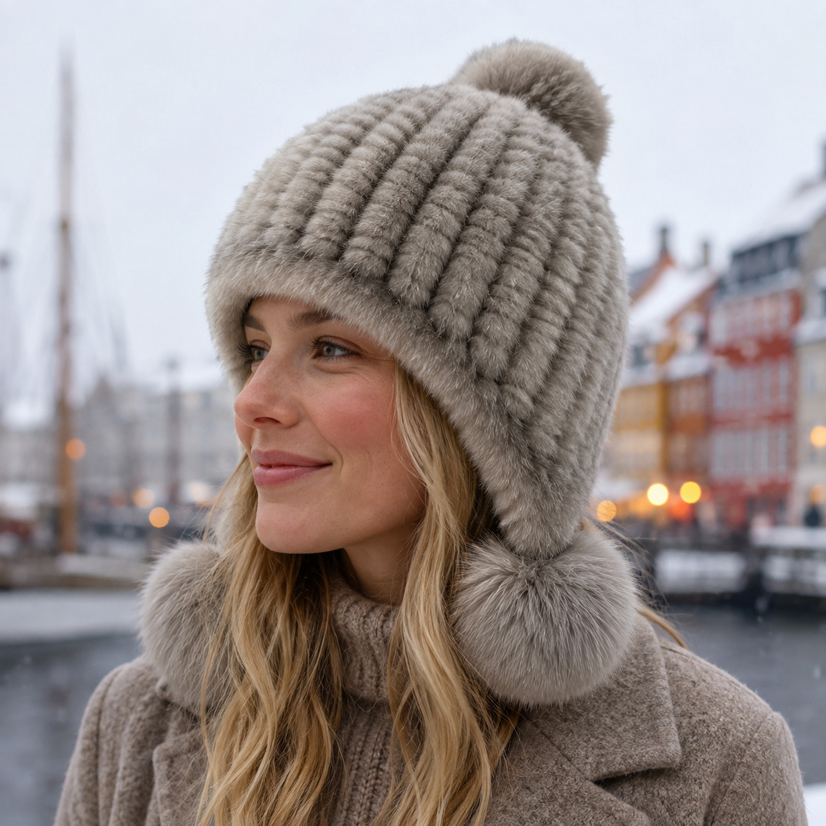 Dame Strikket Baret med Pelslook | Pompom-Detalje & Øredækning | Vinterhue Til Hverdagsbrug i Koldt Vejr | Vanero