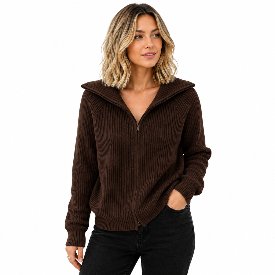 Dame Strikket Zip-Up Jakke i Bomuld | Grov Strik & Lange Ærmer | Casual Cardigan Til Hverdagsbrug & Lag-På-Lag | Vanero