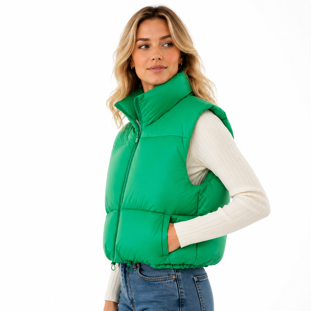 Dame Cropped Puffervest | Ærmeløst Quiltet Design | Ståkrave & Lynlåslukning Til Lag-På-Lag Efterår & Vinter | Vanero