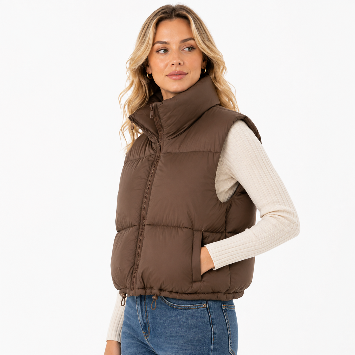 Dame Cropped Puffervest | Ærmeløst Quiltet Design | Ståkrave & Lynlåslukning Til Lag-På-Lag Efterår & Vinter | Vanero