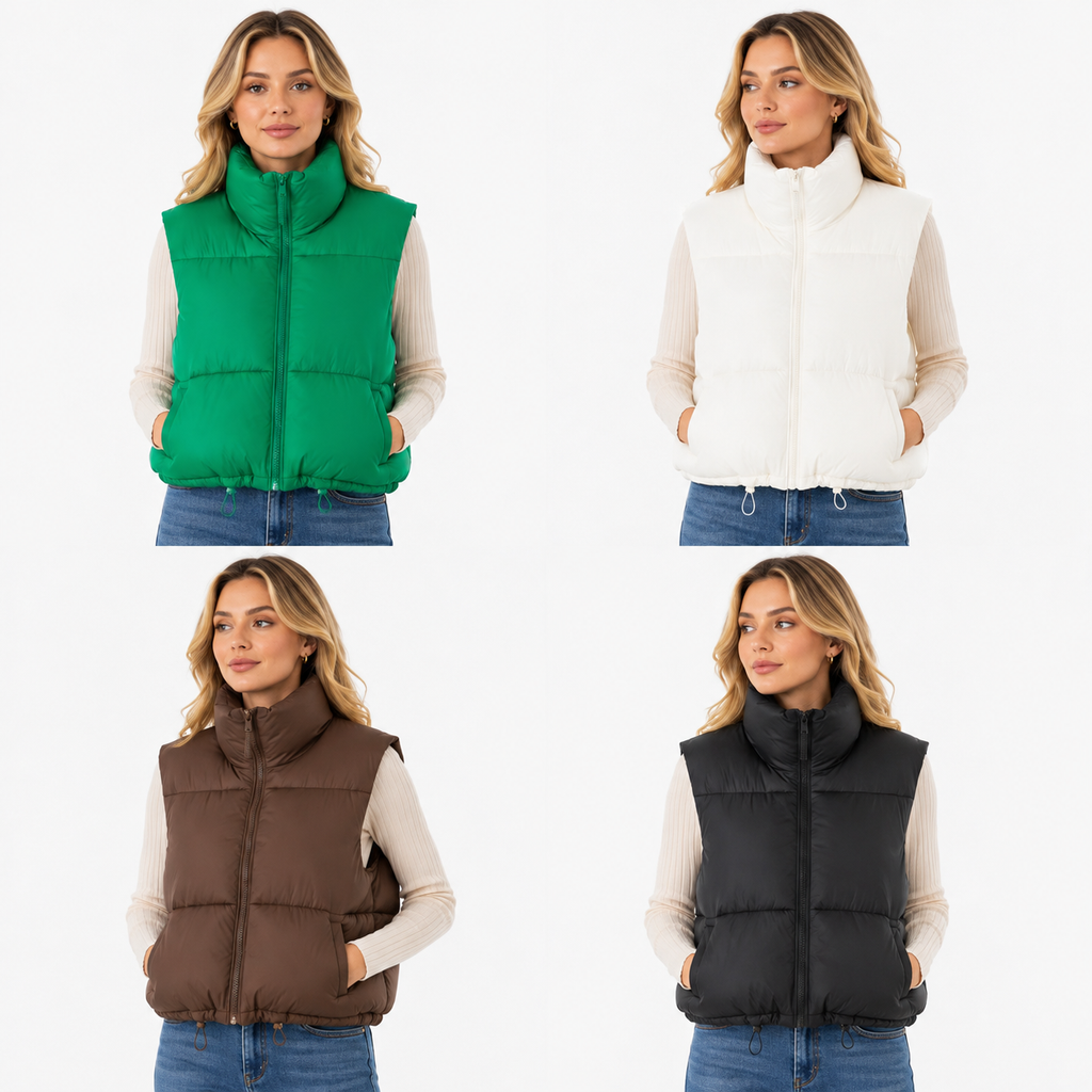 Dame Cropped Puffervest | Ærmeløst Quiltet Design | Ståkrave & Lynlåslukning Til Lag-På-Lag Efterår & Vinter | Vanero