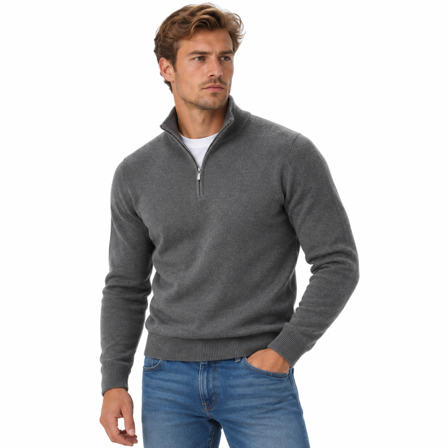 Herre Strikket Pullover | V-Hals & Lynlåsdetalje | Klassisk Langærmet Sweater Til Hverdag, Lag-På-Lag & Fritid | Vanero