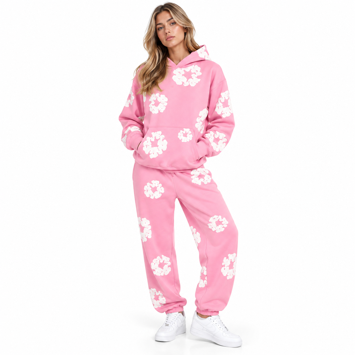 Unisex Træningsdragt Med Blomsterprint | Hoodie & Matchende Bukser | Todelt Casual Sæt Til Hverdag, Rejser & Fritid | Vanero