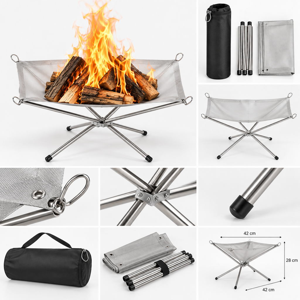 Sammenklappelig Bålholder | Rustfrit Stålnet & Justerbar Højde | Transportabel Bålholder Til Camping, Have & Strand | Vanero
