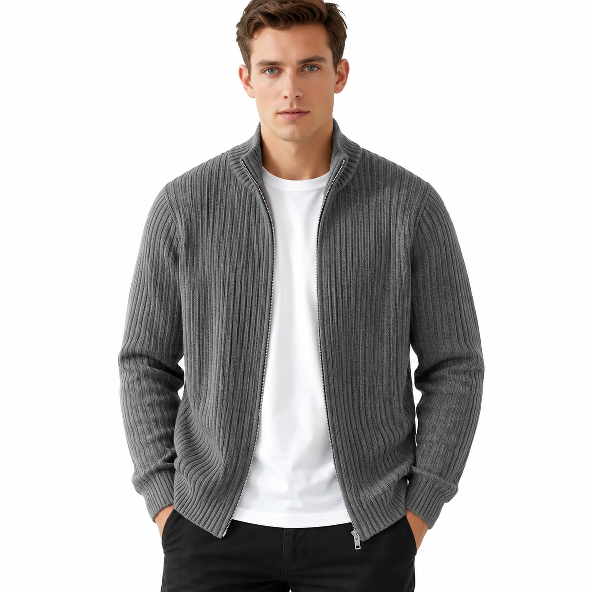 Herre Ribstrik Cardigan | Gennemgående Lynlås & Høj Krave | Langærmet Strikjakke Til Hverdag, Efterår & Vinter | Vanero