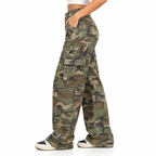 Dame Camouflage Cargo Jeans | Høj Talje & Brede Ben | Denim Bukser Med Stretch I Taljen & Lommer Til Casual Hverdagsbrug | Vanero