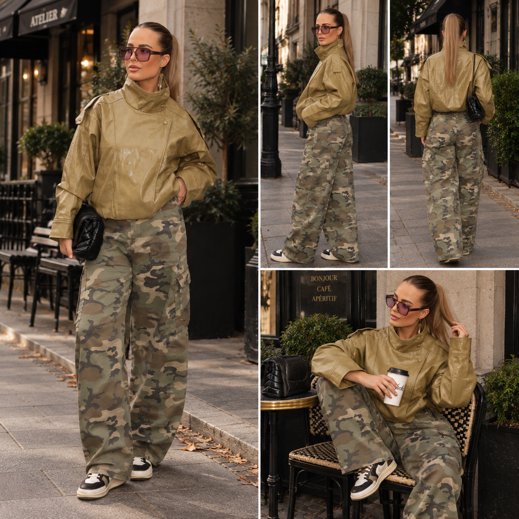 Dame Camouflage Cargo Jeans | Høj Talje & Brede Ben | Denim Bukser Med Stretch I Taljen & Lommer Til Casual Hverdagsbrug | Vanero