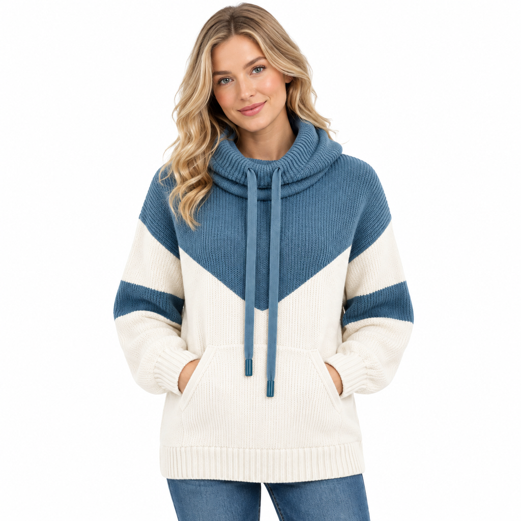 Strik-Hoodie Til Dame | Tofarvet Colorblock-Design & Kontraststriber På Ærmerne | Løs Pasform, Hætte Med Snor & Ribkanter | Vanero