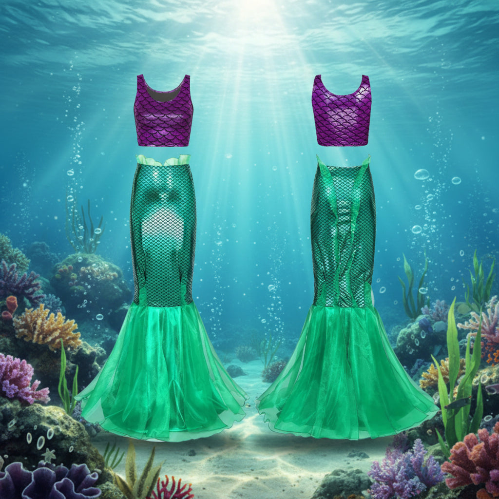 Dame Havfrue Kostumekjole | Glitrende Skæloverdel & Voluminøst Tylskørt | Fantasy Outfit Til Halloween & Temafester | Vanero