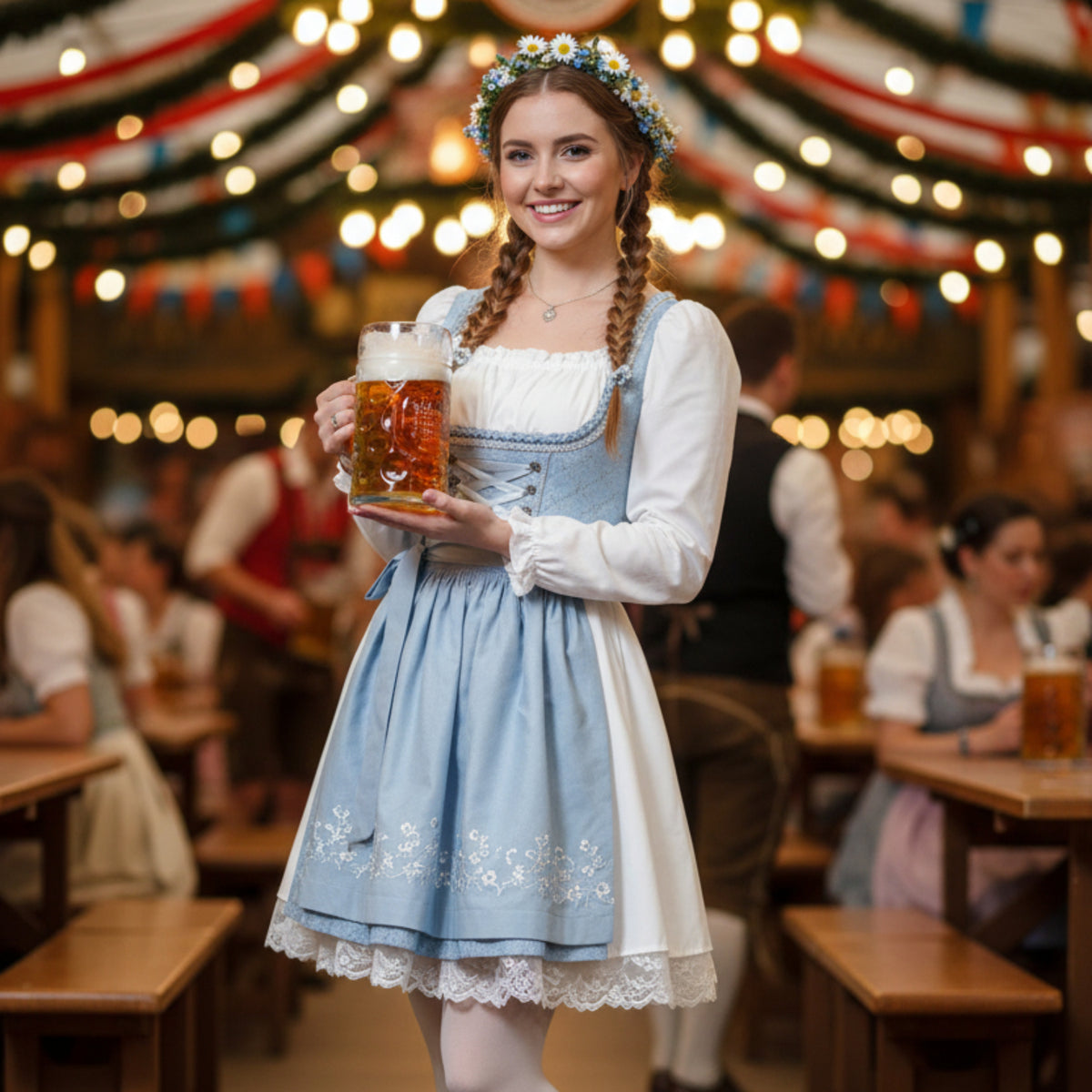 Dame Traditionel Kjole i Bomuld | Pufærmer & Justerbar Snøring i Taljen | Festkjole Til Oktoberfest & Begivenheder | Vanero