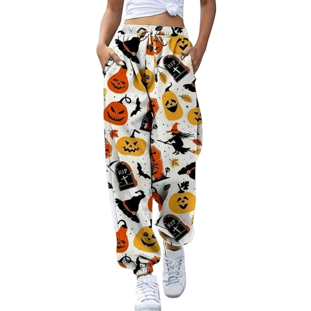 Dame Halloween Joggingbukser | Elastisk Talje & Grafisk Print | Casual Bukser med Græskar- & Spøgelsesmotiver | Vanero