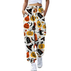 Dame Halloween Joggingbukser | Elastisk Talje & Grafisk Print | Casual Bukser med Græskar- & Spøgelsesmotiver | Vanero