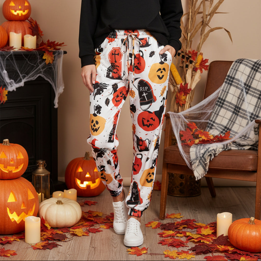 Dame Halloween Joggingbukser | Elastisk Talje & Grafisk Print | Casual Bukser med Græskar- & Spøgelsesmotiver | Vanero